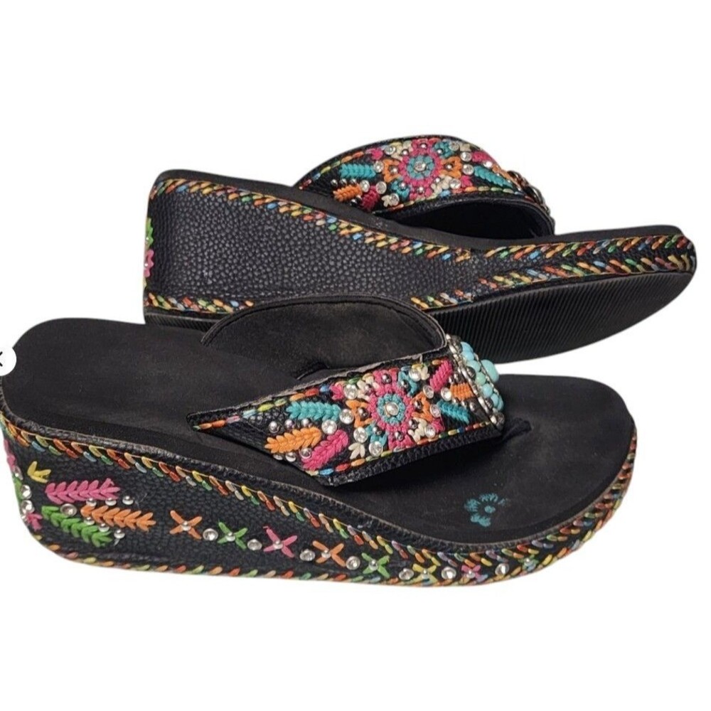 Montana West Embroidered Wedge Flip-Flops Boho Concho Rhinestones Size 10 - Picture 3 of 7